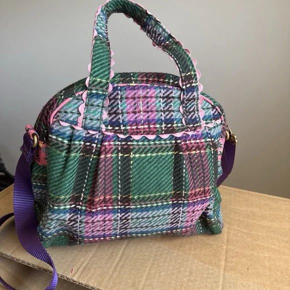 Oilily Pink Green Purple Plaid Floral Embroidered crossbody Satchel Purse - Picture 5 of 16